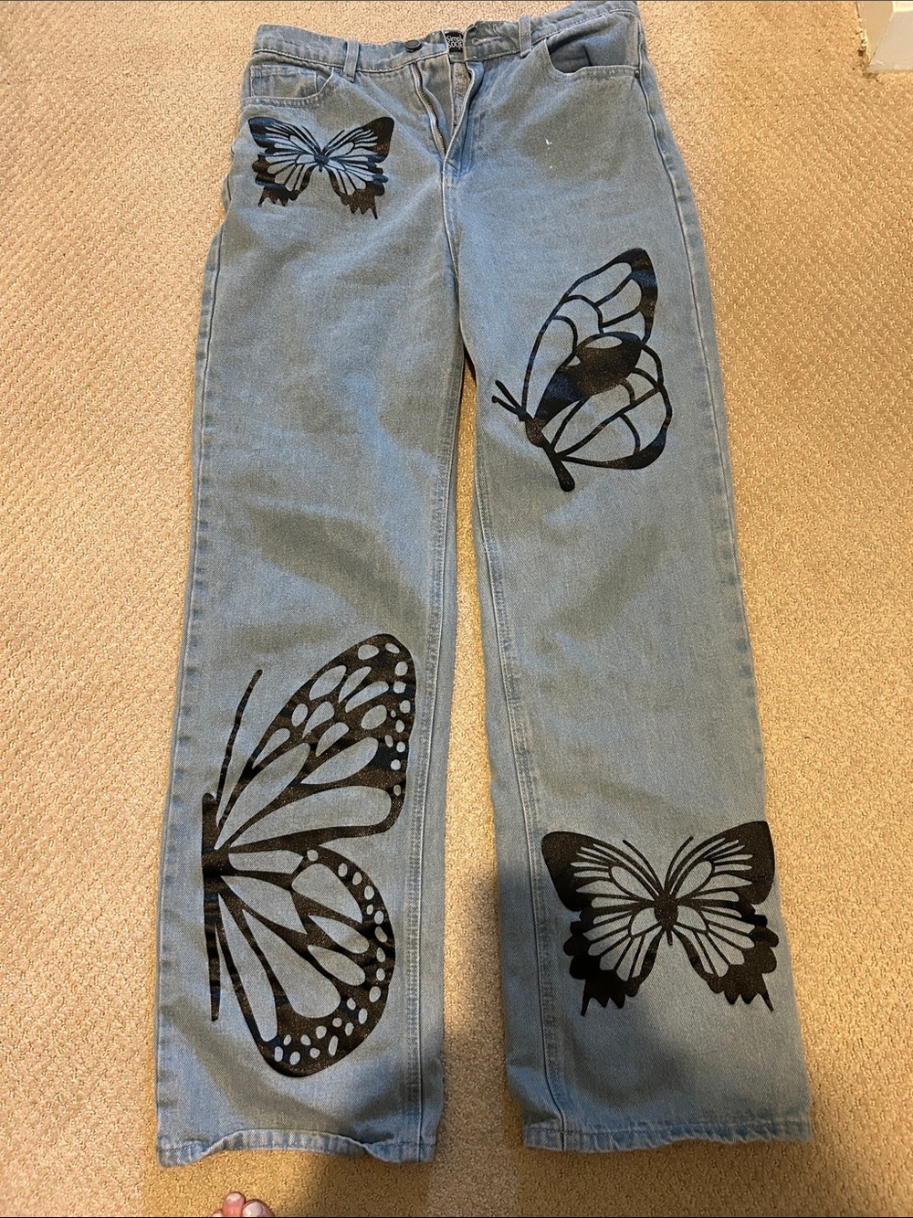 Light Blue Denim Wide-Leg Jeans with Black Butterfly Prints
